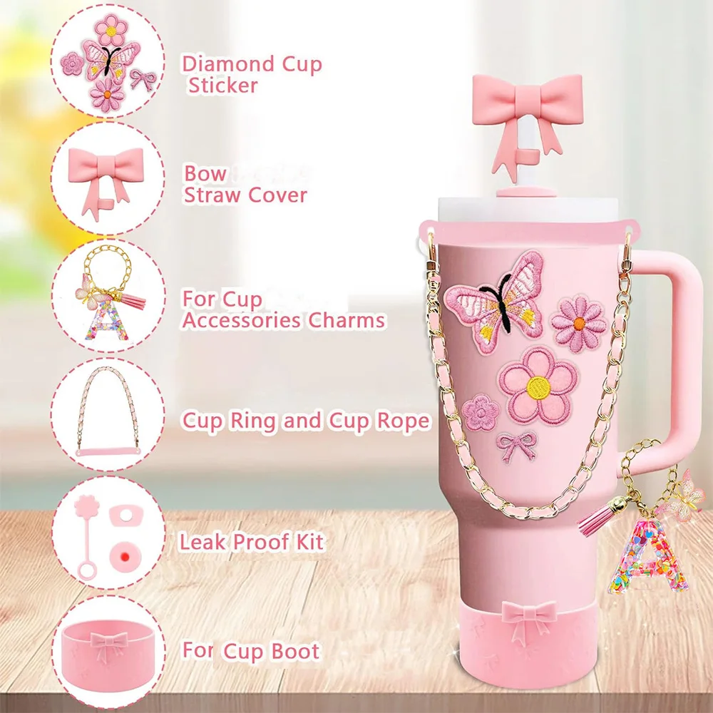 13PCS Pink Cup Accessories Set for Tumbler Cup 30oz 40oz Tumbler with Handle,Includes Strap,Straw Bow Decorate,Straw Cover