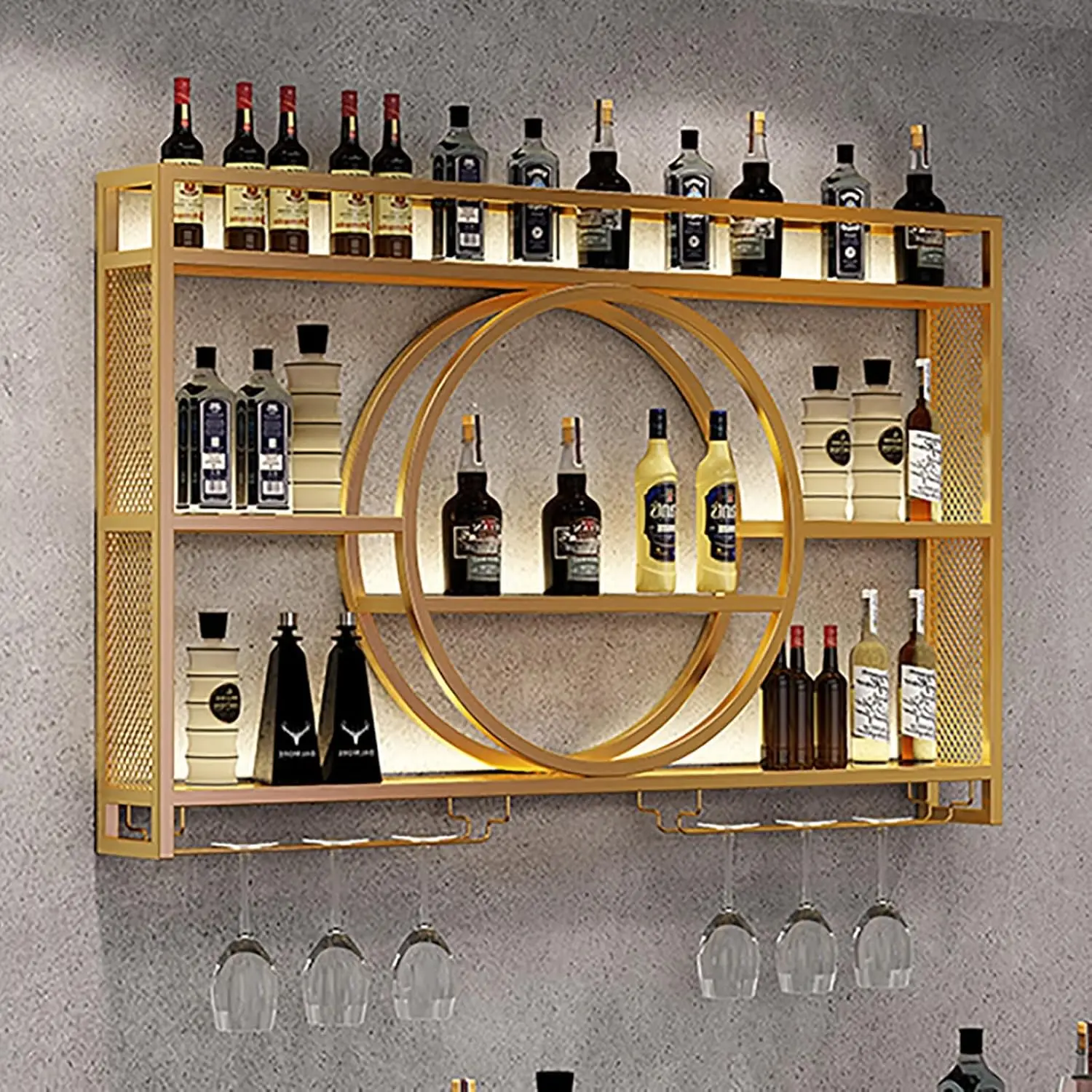 ชั้นวางไวน์ติดผนังแบบ LED ชั้นวางแก้วไวน์, ชั้นวางโลหะแบบลอยสำหรับบาร์, ชั้นวางโชว์ขวดบาร์, ที่แขวนแก้วไวน์