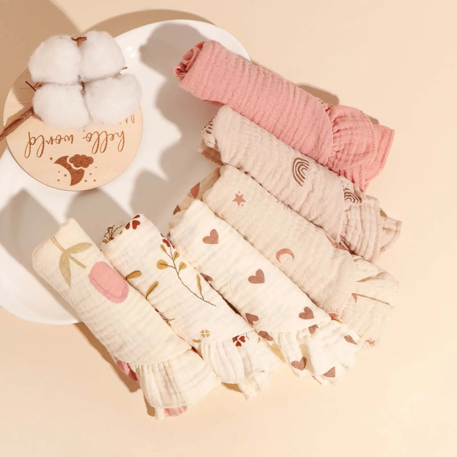 2Pcs Infant Toddler Pure Cotton Lotus Leaf Edge Drool Towel Four Layer Muslin 100% Cotton Printed Bib Newborn Feeding Burp Cloth