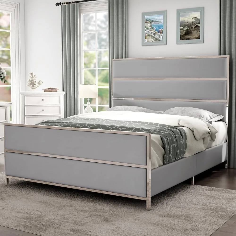 

Queen Size Bed Frame with 59" Tall Headboard, Velvet Upholstered Platform Bed with Channel Tufted and Silver Trim Footboard