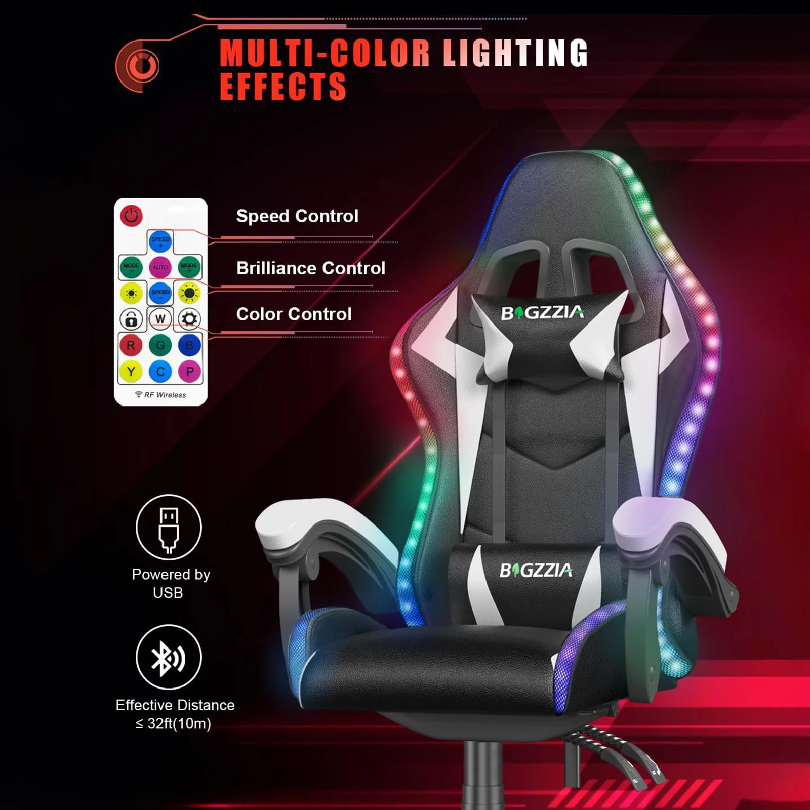 Chaise de jeu ergonomique avec lumières LED RVB, chaise d'ordinateur inclinable, cuir PU, dossier haut, jeu vidéo, support lombaire réglable