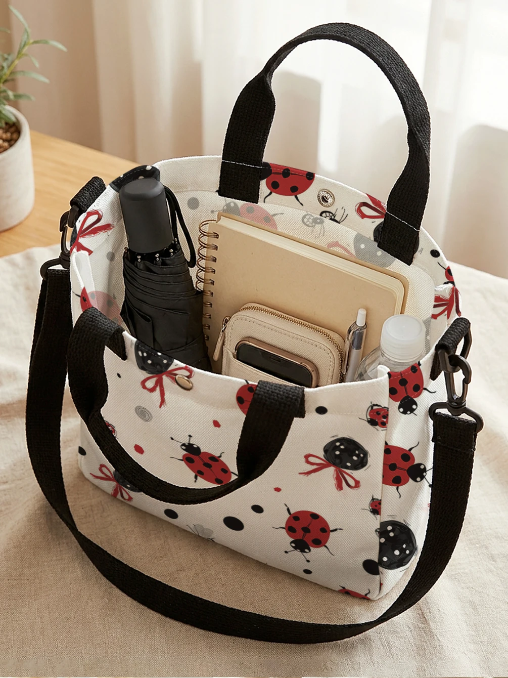 Cute Ladybug Bow Polka Dot Print Tote Bag Detachable Strap Crossbody Handbag For Women Daily Shopping view 2