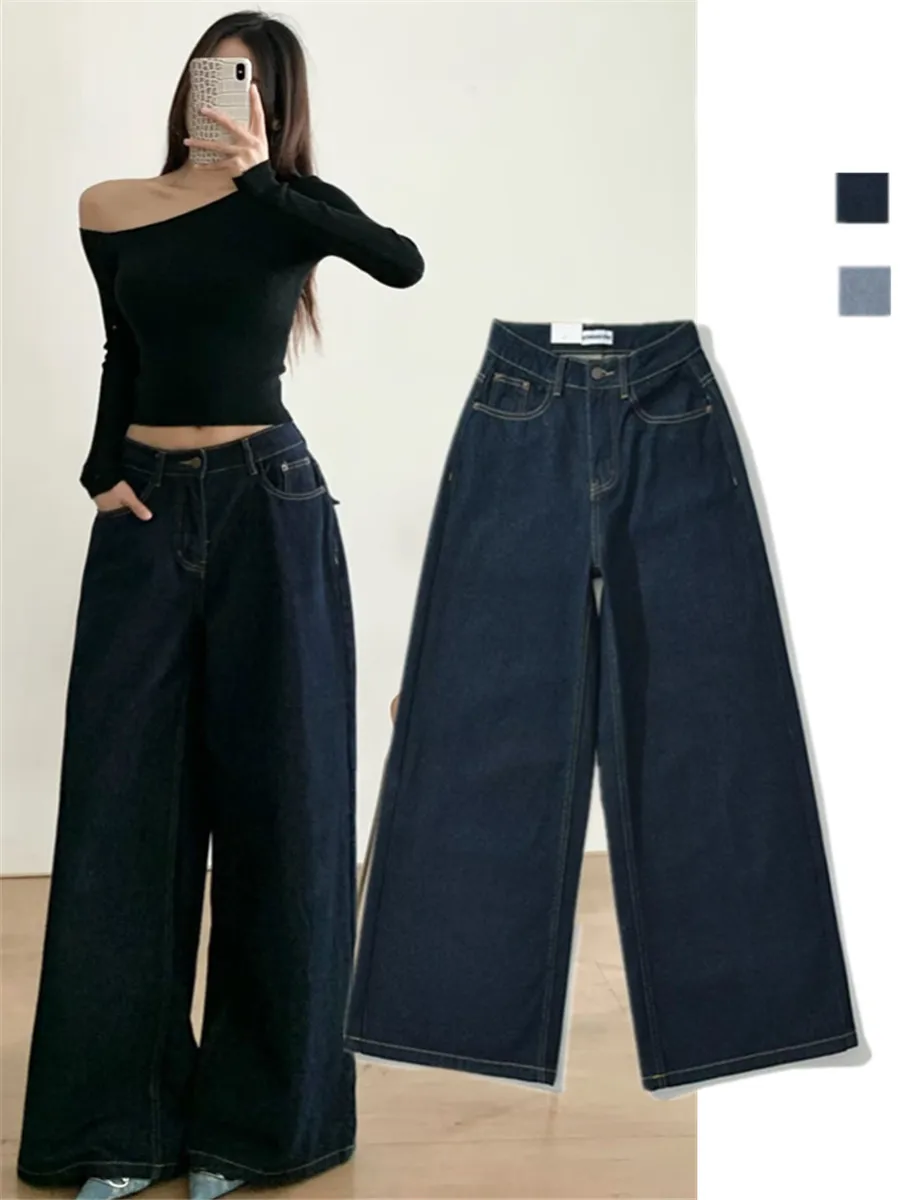 

American Retro High Street Loose Fit Long Pants Low Waist Wide Leg Original Color Silhouette Loose Slimming Floor-Length Jean...