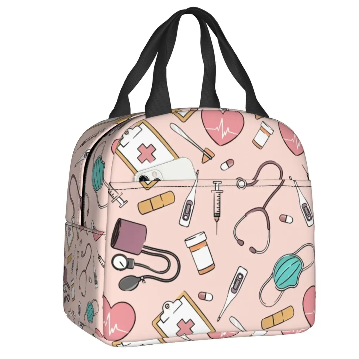 학교 사무실 Enfermera En Apuros 휴대용 쿨러 열 도시락 여성을위한 사용자 정의 핑크 의사 간호사 절연 점심 가방