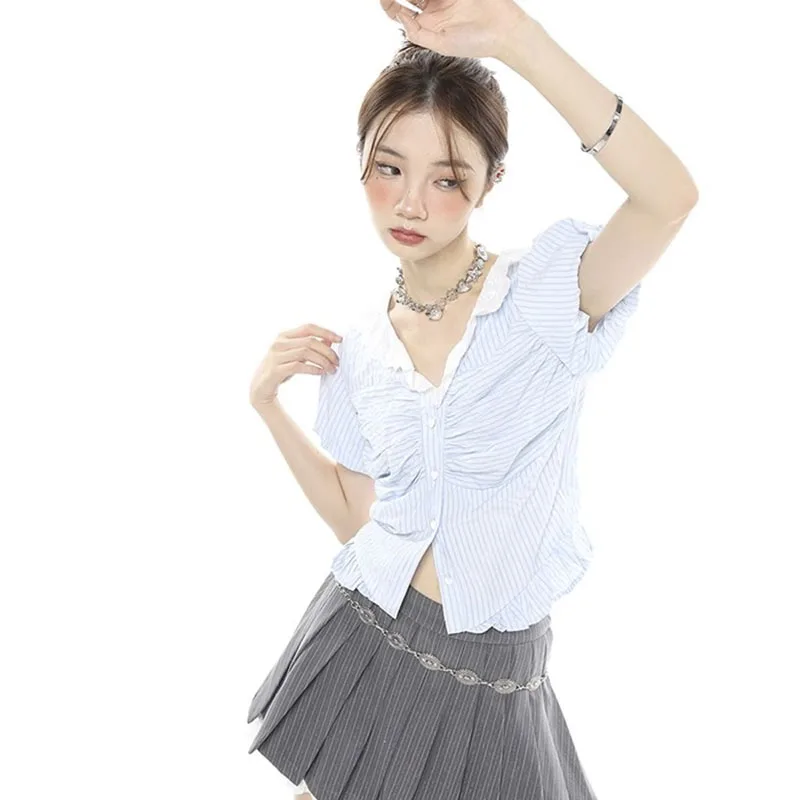 

Vintage Tunics Women Blouses Harajuku Sexy Korean Style Short Sleeve Stripe Shirt Y2k Aesthetic Casual Cropped Top Retro