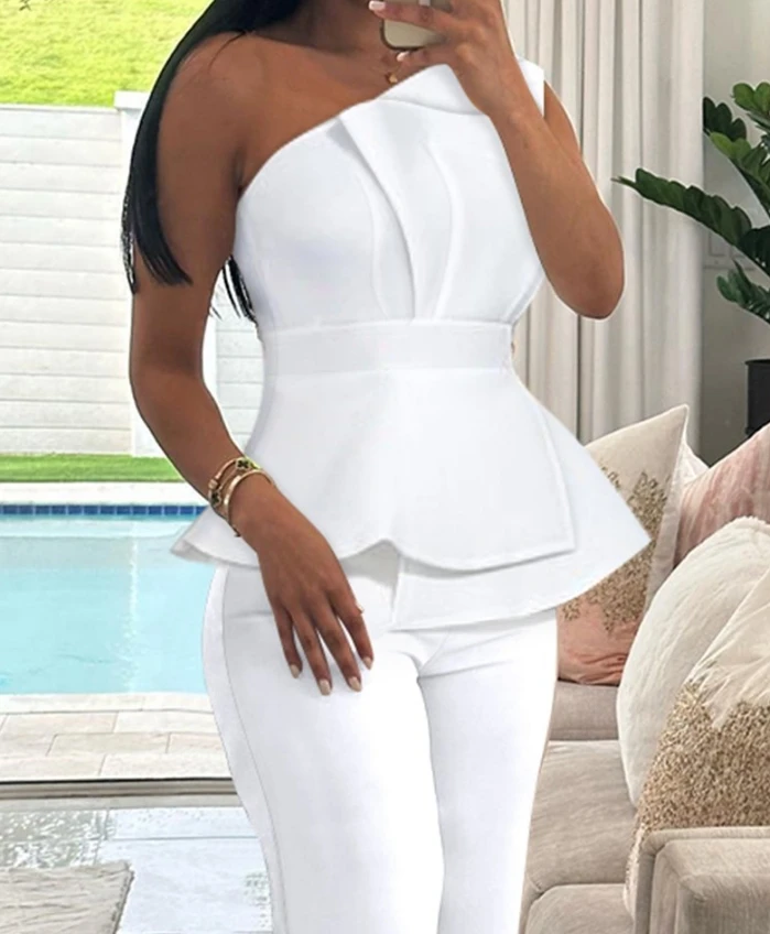 2024 Autumn Women's Casual Fashion One Shoulder Pleated Top Straight leg Pants Set