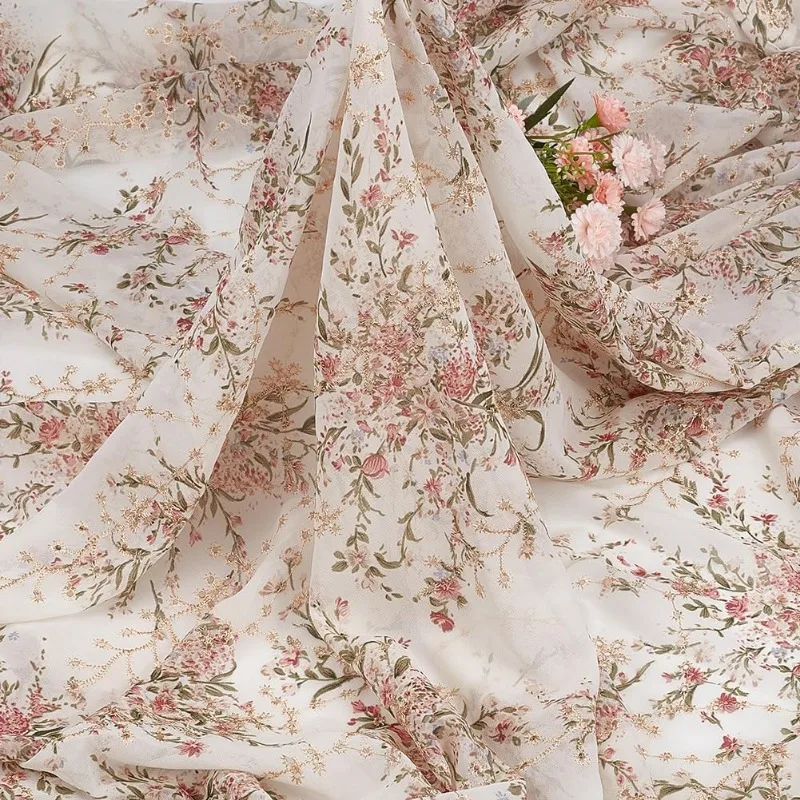 2 Yards/1.8m Embroidered Eyelets Chiffon Fabric 60inch Rice White Flower Embroidery Fabric Floral Printing Trim for Sewing DIY