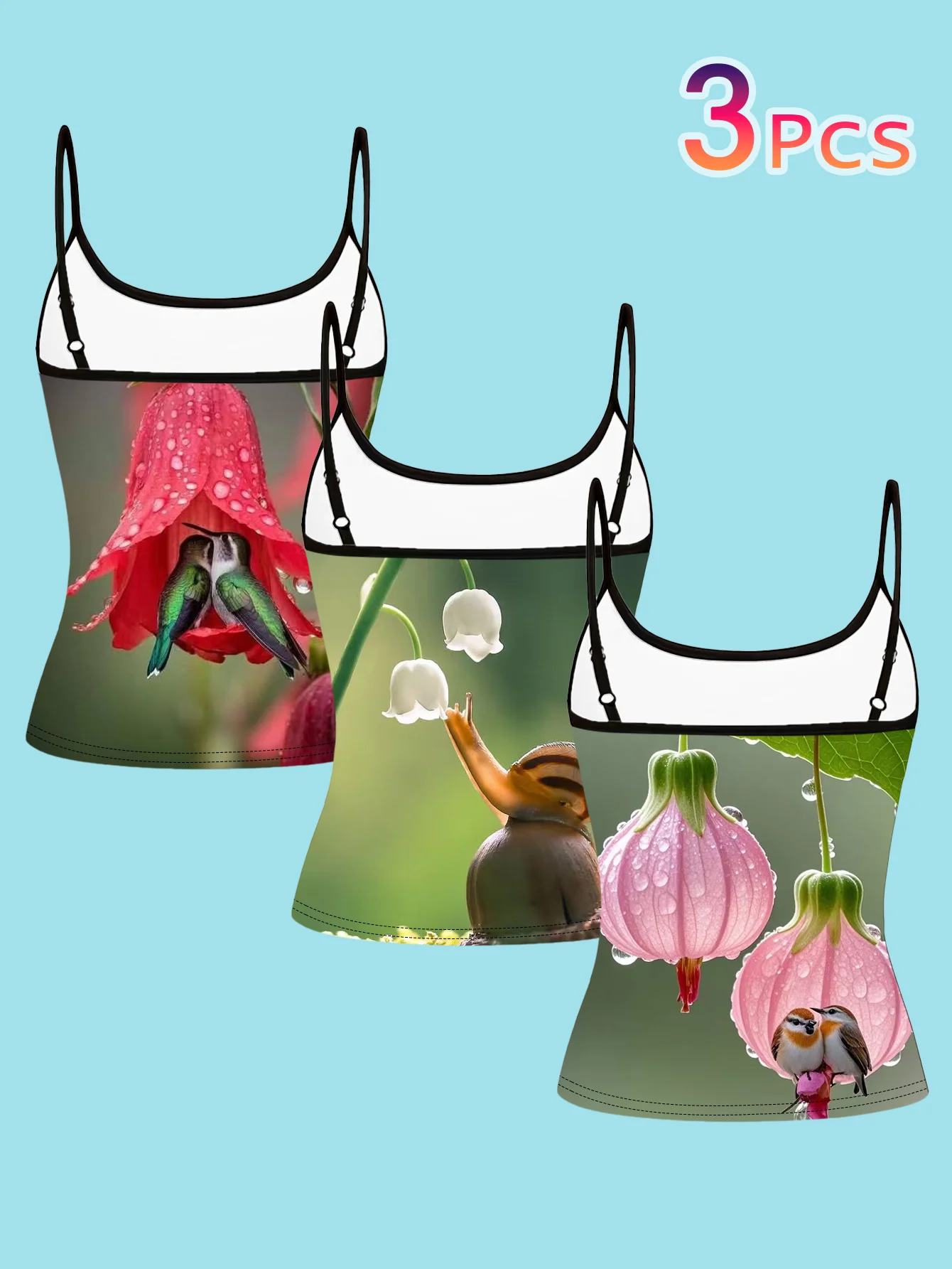 3-Piece Set of Fresh and Natural Style Bird and Flower Print Camisole for Women, Summer Slim-Fit Spaghetti Strap Cute Inner Wear
