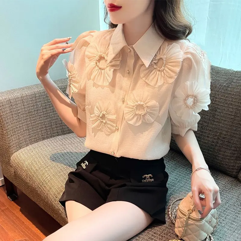 Sweet Office Lady Short Sleeve Shirts Summer Fashion Patchwork Bright Line Decoration Tops 2024 New Trend Solid Color Blouses