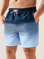 Calça de banho solta de secagem rápida masculina, calça curta gradiente listrada, shorts de praia para férias, estampado em 3D, casual, tamanho grande, Havaí