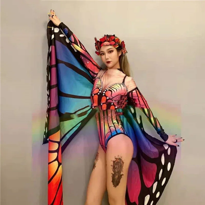 

New Jazz Dance Bodysuit For Women Adult Nightclub Female Singer Sexy Butterfly Wings Jumpsuit Gogo Dancer Rave Outfit Set