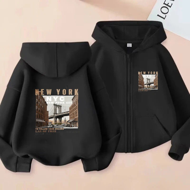 

Мужская куртка с капюшоном, черная повседневная уличная одежда с принтом New York City Bridge, уличная одежда