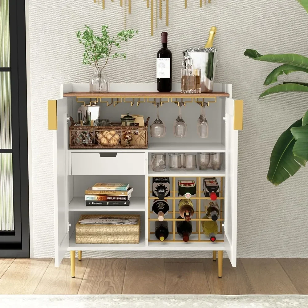 Wine Bar Cabinet with Fluted Texture, Modern Coffee Cabinet with Wine Rack&Glass Holder, White Kitchen Buffet Sideboard