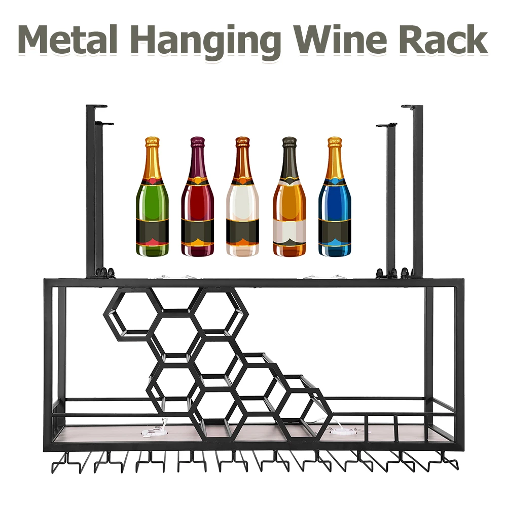 

Metal Hanging Wine Rack Bar Wine Floating Shelf Ceiling Mounted Kitchen Wine Cellar Bottle Holder 2 Layer Champagne Glass Rack