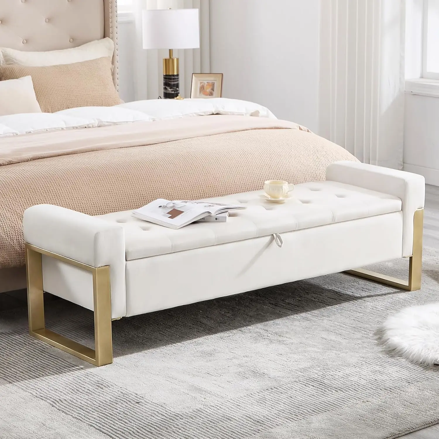 67'' Benches for Bedroom Foot of Bed King Size, Storage Ottoman Bench with Gold Legs, Upholstered Velvet Tufted Storage Bench fo