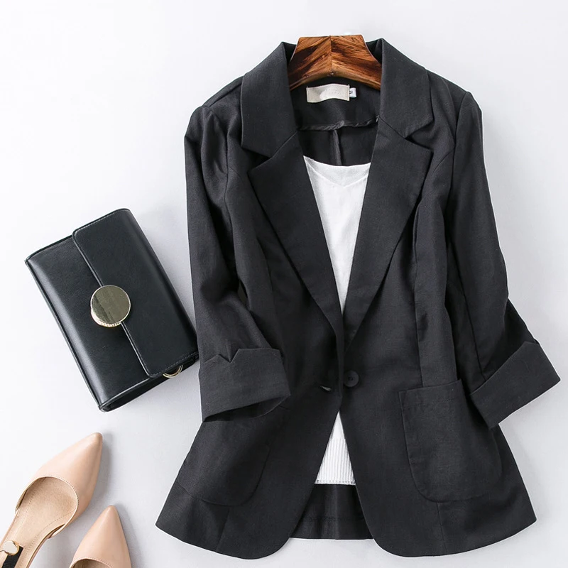 Cotton Linen Blazer Jacket Women Summer Outwear High Quality Solid Single Button Notched Blazer Suits Three Quarter Sleeve Top