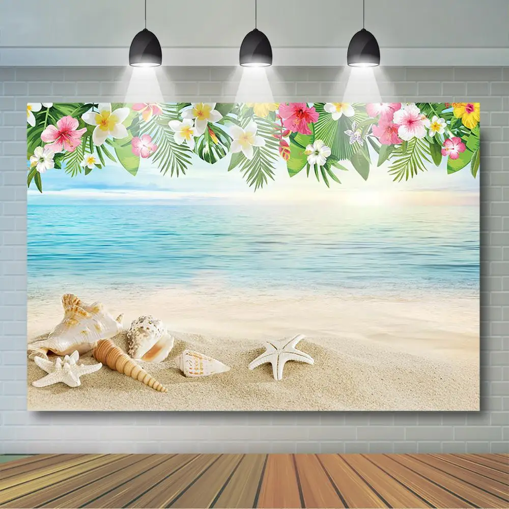 Fondo de playa de verano Mocsicka, pancarta de fiesta hawaiana con flores tropicales, cielo azul, nube blanca, decoración hawaiana, telón de fondo de vacaciones