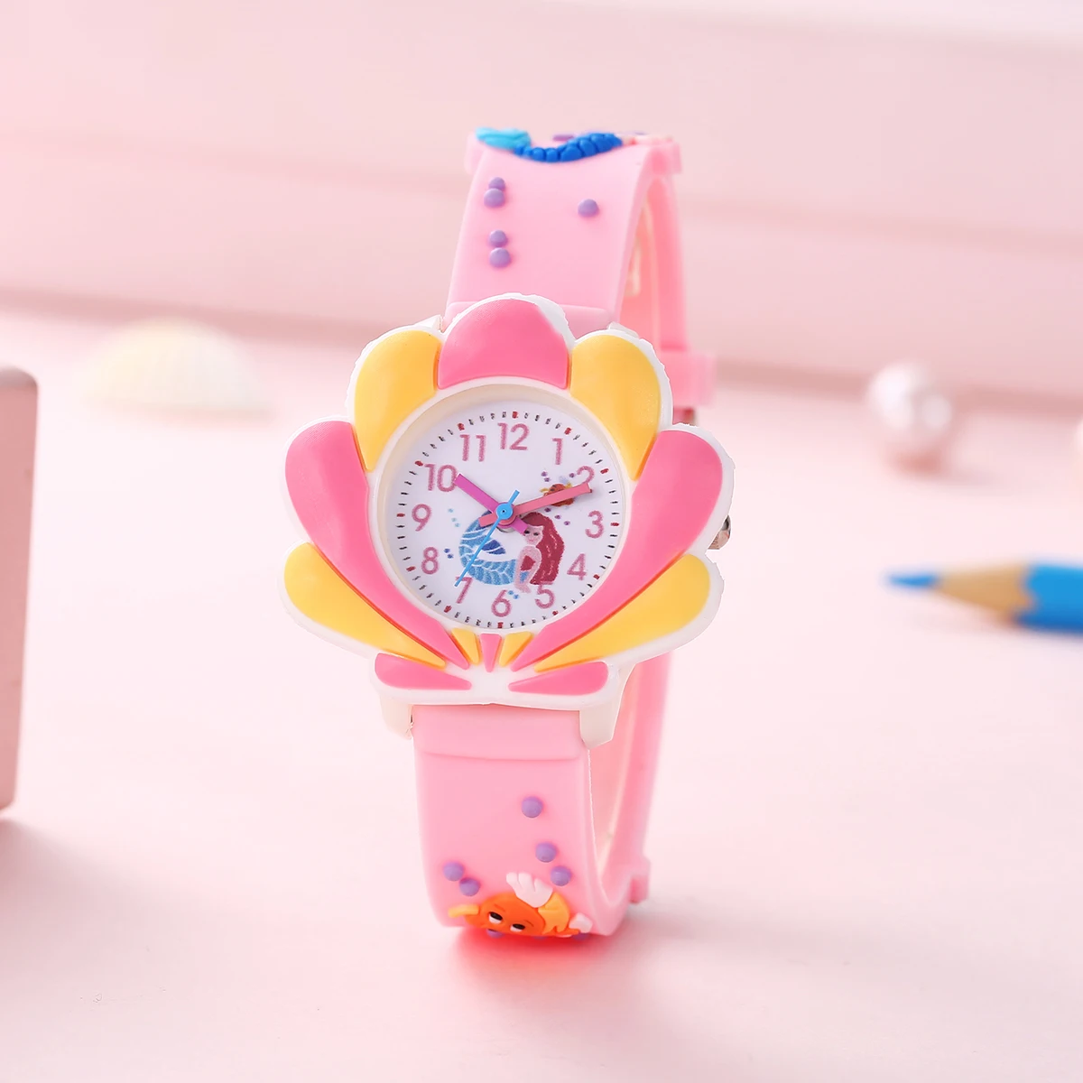 Kids Mermaid Learning Watch Glowing 3D Shell Design Hypoallergenic PVC Strap Girls' First Time Teaching Watch