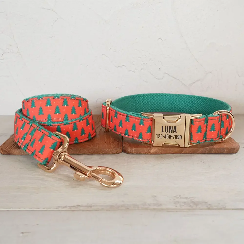 

Personalized Dog Collar with Free Engraving, Matching Pet Leash,Customzied Contacts Metal Buckle,Christmas Tree Red Collar