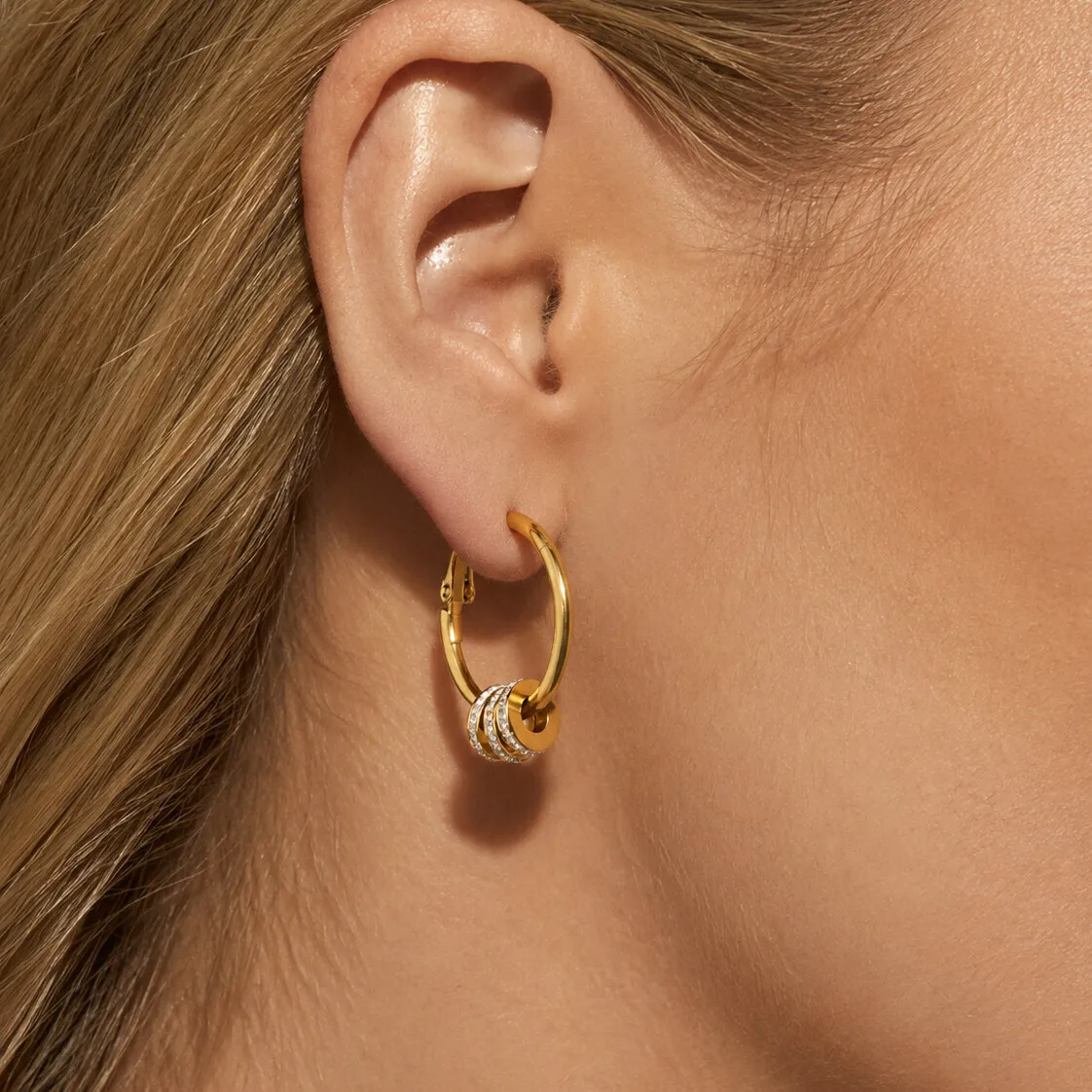 KunJoe Trendy 18K Gold Plated Stainless Steel Hoop Earrings Women Exquisite Rhinestone CZ Triple Gear Charm Earring Ear Buckle