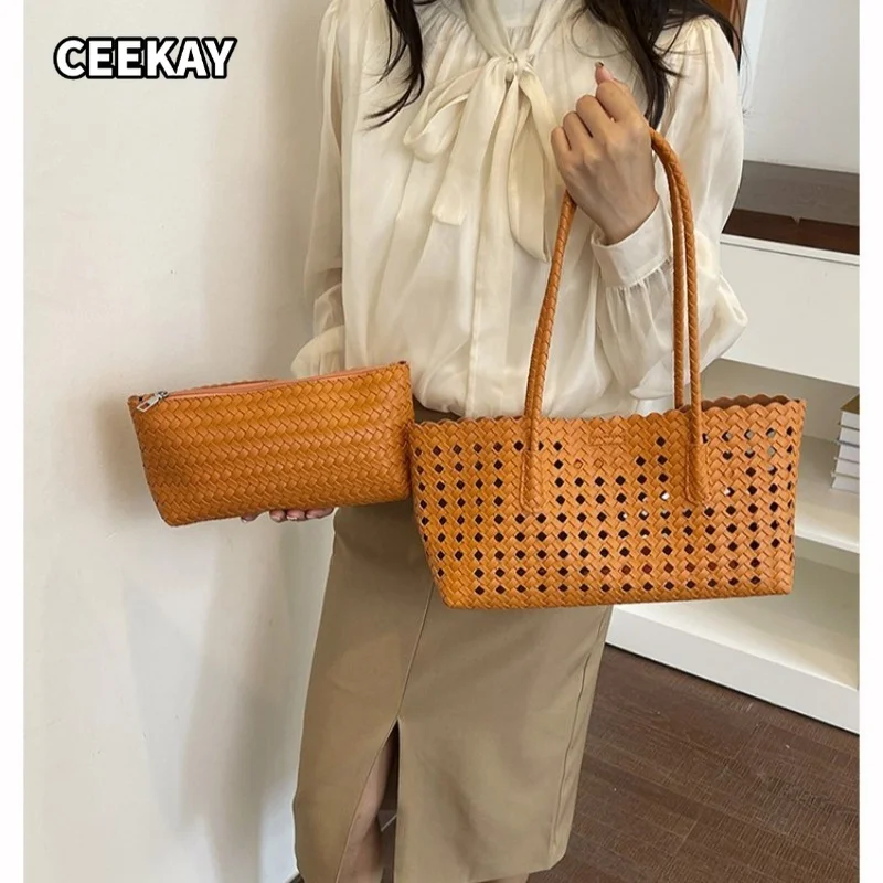 CEEKAY Women's Tote Bag Orange Woven Faux Leather Large Shoulder Handbag with Zipper Pouch Set Summer Beach Vacation Fashion