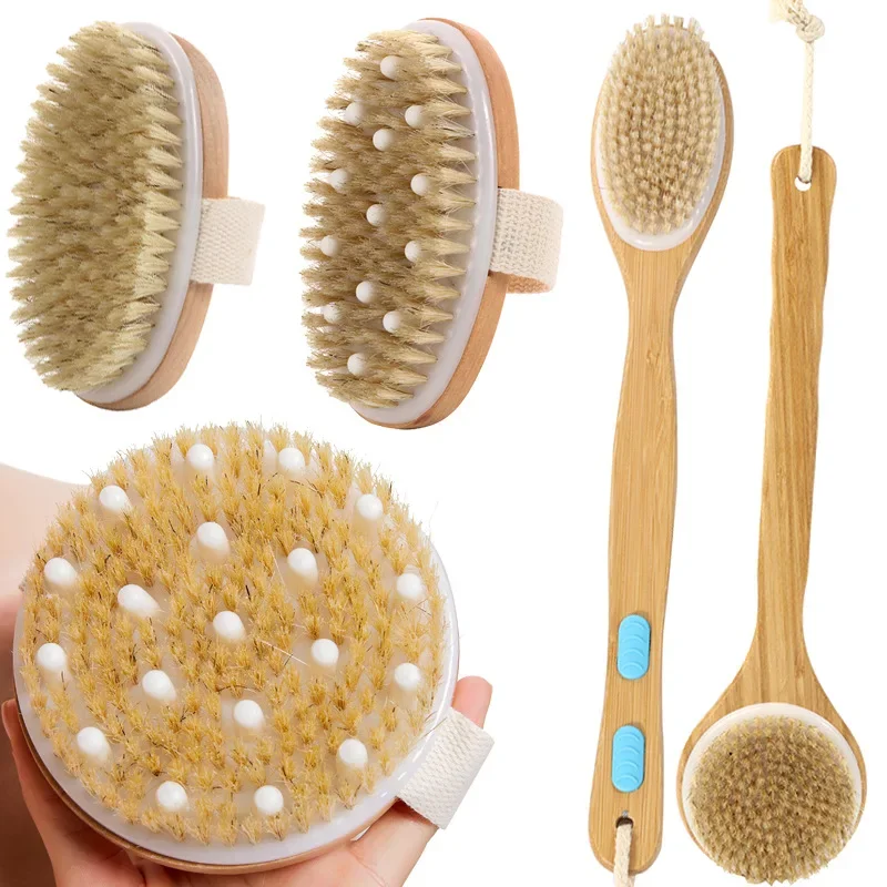 Wooden Detachable Long Handle Shower Body Brush Bathing Massage Back Body Exfoliating Brushes Bathroom Wash Brush Bath Tools 1Pc