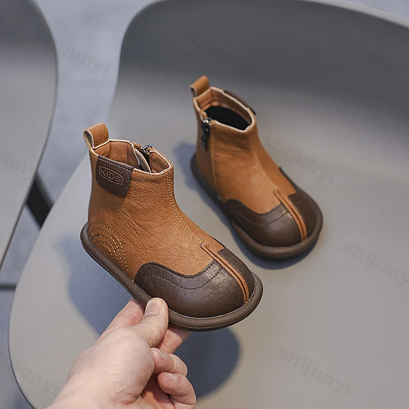 Baby Stiefeletten Retro Mode Design Kinder Flachen Boden Kurze Stiefel 2025, Herbst Winter Warme Kinder Weiche Leder Chelsea Stiefel