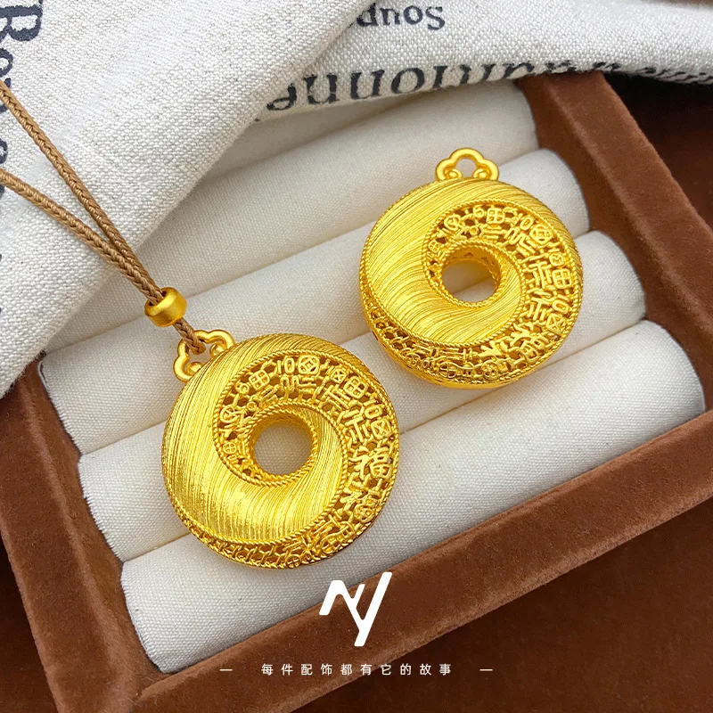 

Luxury 24K 9999 Pure Gold real gold Men's and Women's Filigreth Hollow-out Fuzi Tai Chi Figure Ping An Buckle Pendant Necklace