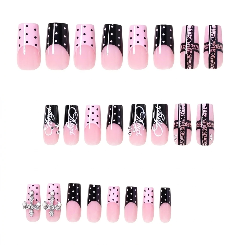 24 Stück Süße Coole Press-On Nägel mit Perlen, Strass, Kreuz- und Spitzenmuster, Polka-Dot-Muster, Falsche Nägel in Rosa und Schwarz, Französischer Stil, Künstliche Nagelspitzen – Detail 7