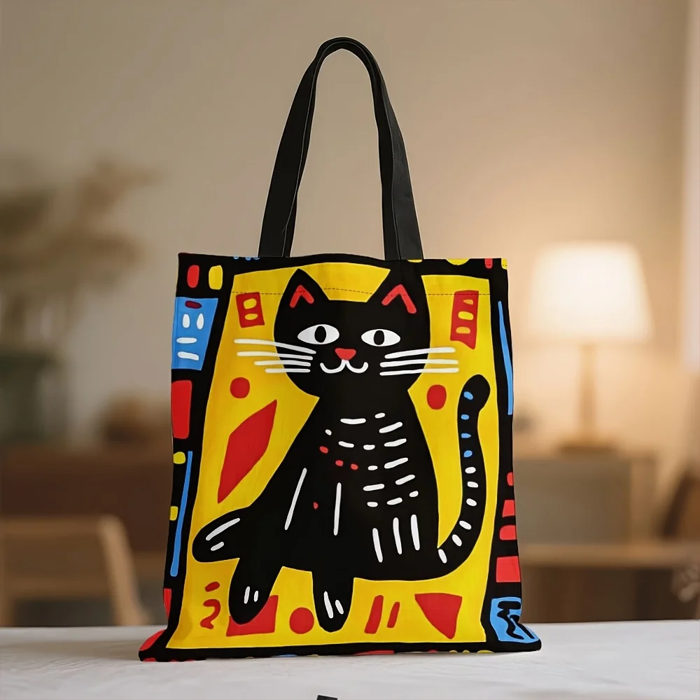 1pc Graffiti Cat Polyester Tote Bag Durable Rectangle Shopping Bag Ideal for Easter Ramadan