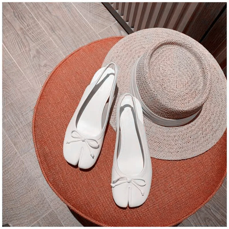 3CM High Heel Tabi Split-toed Ballet Shoes Bow Mary Jane Heel Black White Elegant Tabi Slingback Large Size 42 Summer New