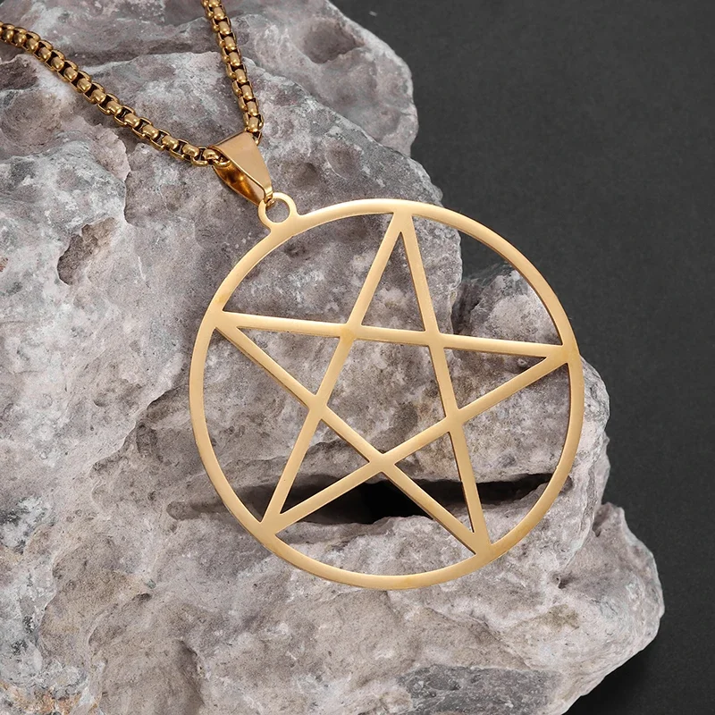 Retro Solomon Religious Witchcraft Pentagram Stainless Steel Pendant Necklace for Men and Women Fashion Lucky Jewelry