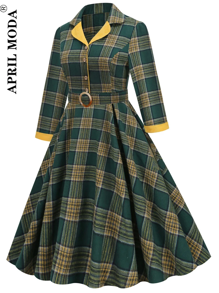 England Style Green Plaid Swing Runway Hepburn Dress Autumn Turn Down Collar 3/4 Sleeve Retro Vintage Rockabilly 60s 50s Dresses