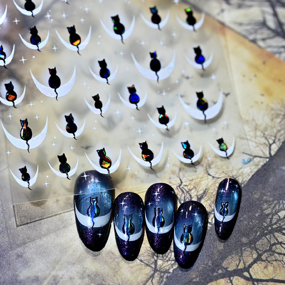 1 ورقة لامعة الليزر القط ضوء النجوم مسمار الفن ملصق مائي القط الظل على القمر ذاتية اللصق مانيكير المنزلق مسمار اكسسوارات الديكور
