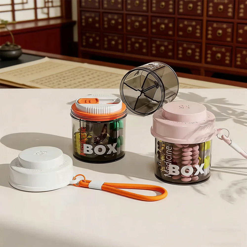 4 Compartments Round Pill Storage Box with Lid Portable Medicine Organizer for Home Office image 3