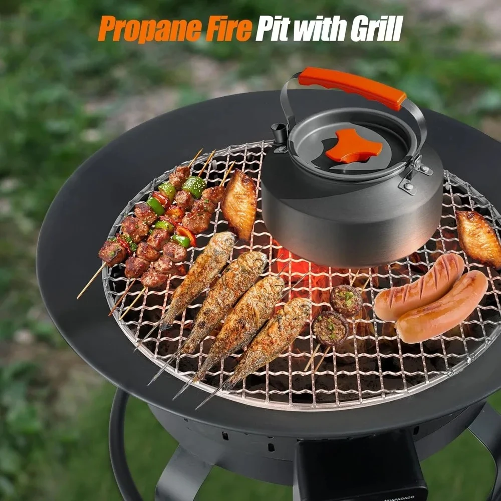 Outdoor Portable Propane Fire Pit with Grill Grate, Cover & Carry Handle, Fireplace, 60,000 BTU Propane Firepit, Portable Gas
