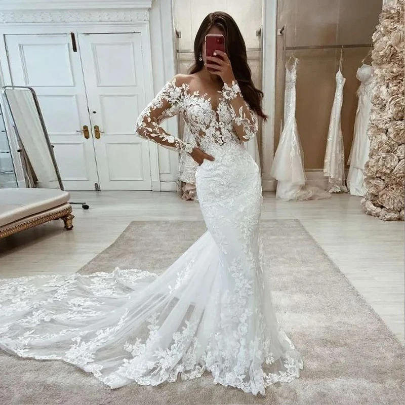 

Customized Wedding Dresses Mermaid Lace Long Sleeves Evening Gown Vintage White Ivory Luxury High Quality Bridal Dress for Women