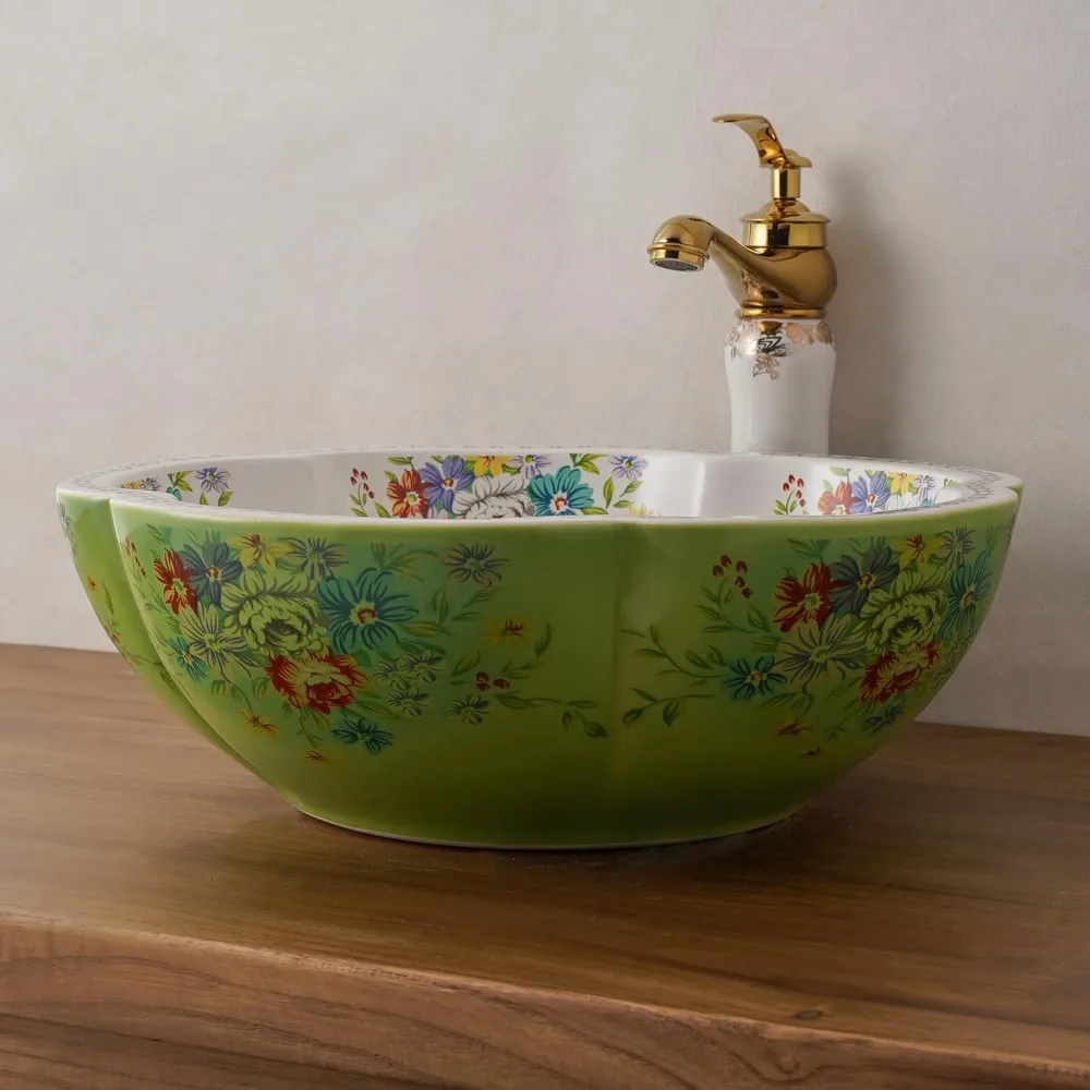 Зеленая фарфоровая раковина в форме цветка для ванной комнаты и туалетного столика в китайском стиле