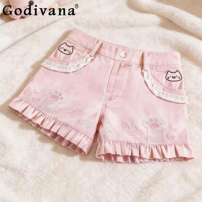 

Оригинальные розовые шорты Kawaii Girls, японские женские повседневные джинсовые шорты с мультяшной вышивкой, новые летние мягкие шорты для девочек