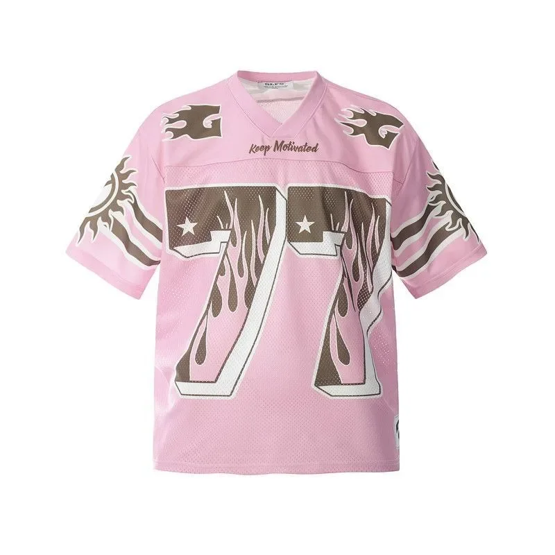 America Men Women Breathable Mesh Sport T-shirts PINK V-neck Half Sleeve Oversize Graphic Tops Street Fashion Summer Tees Casual