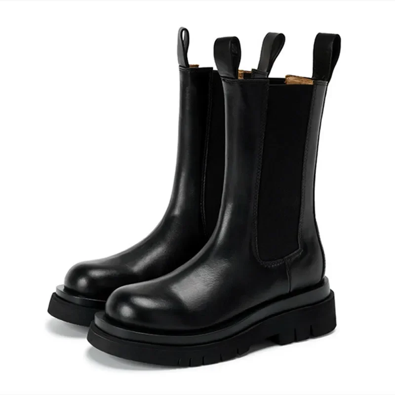 Fashion Black Leather Ankle Boots Women Autumn Winter Round Toe Chunky Heel Platform Shoes Comfort Non Slip Chelsea Boots Ladies