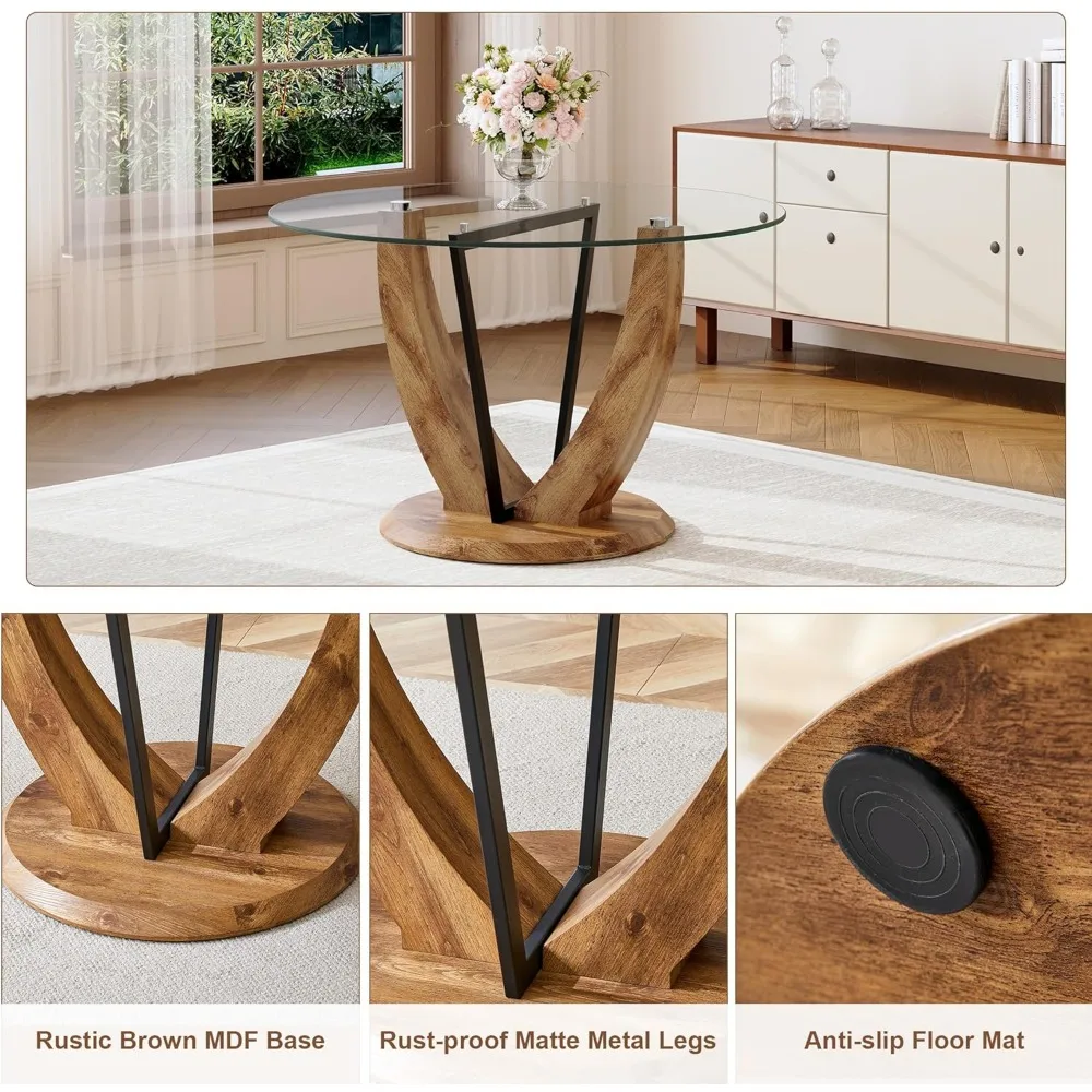 طقم طاولة طعام زجاجية مستديرة مقاس 48 بوصة مع 4 كراسي بنية وقاعدة خشبية للمطبخ