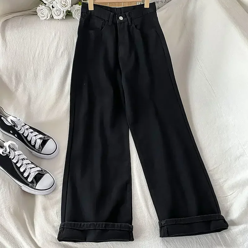 Frühling und Herbst koreanische Version der Studenten breiten Füße gerade große Jeans mit hoher Taille Damen lockere und dünne Hosen Flut