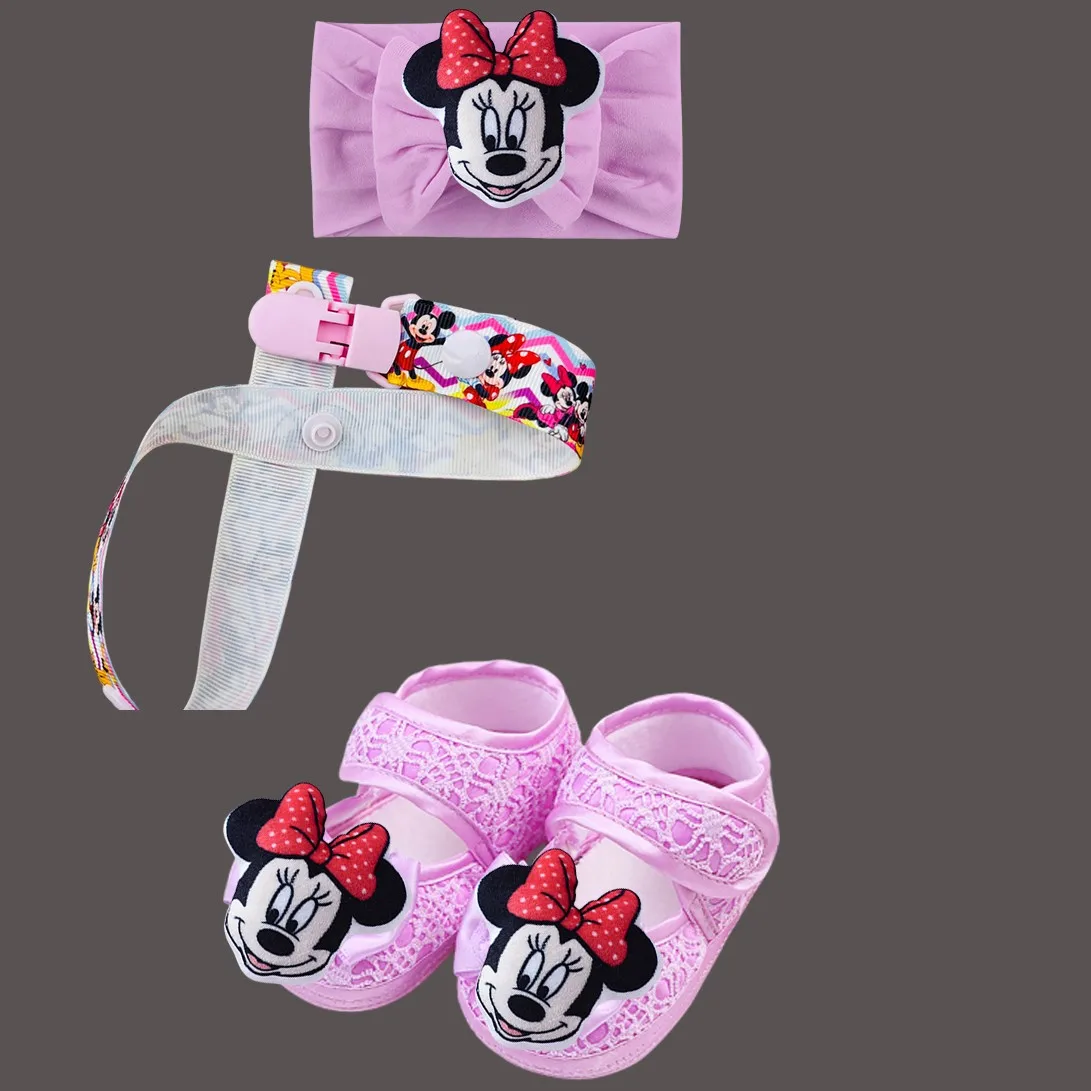 Sepatu Bayi Perempuan Mickey Mouse 3D Plush Head Kawaii, Set Headband dan Rantai Empeng, Sepatu Putri Berkilau untuk Bayi Baru Lahir