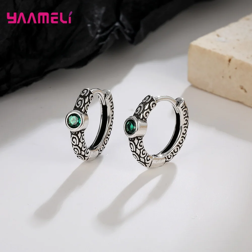 Retro Vintage 925 Sterling Silver Jewelry Green Cubic Zircon with Carving Parttern Ear Decoration Women Hoop Earrings