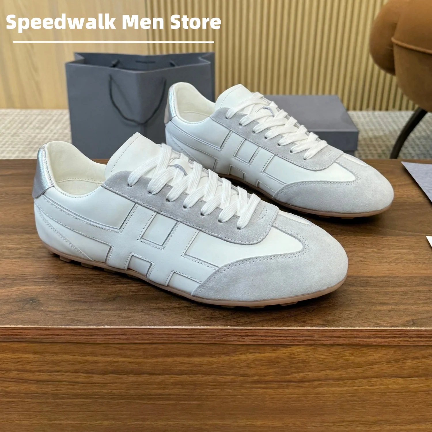 Men Women Smooth & Suede Leather Stitched Panel Sneakers Flat Gum Rubber Sole Lightweight Office Street Casual Trainers