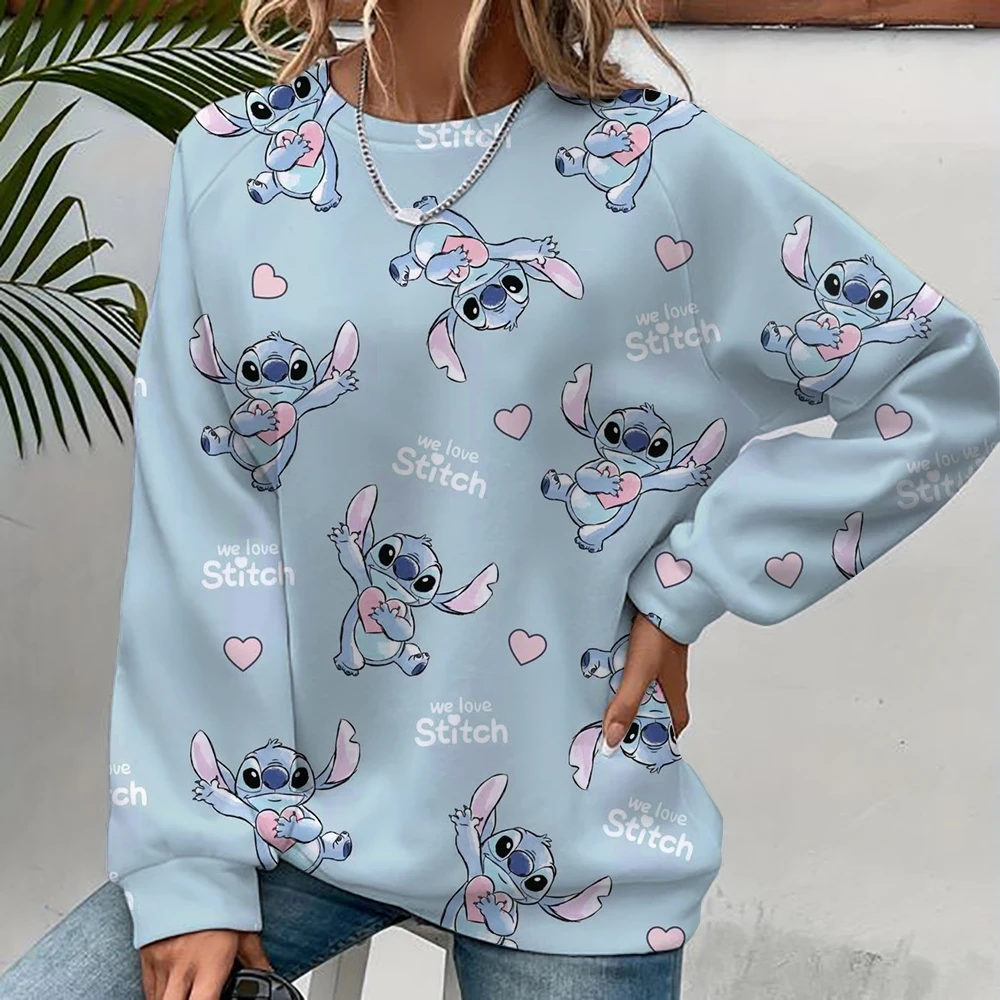 Autumn Fun Print Long Sleeve Top 2024 New Cartoon Disney Cute Lilo & Stitch Ladies Sweatshirt Crew Neck Loose Pullover