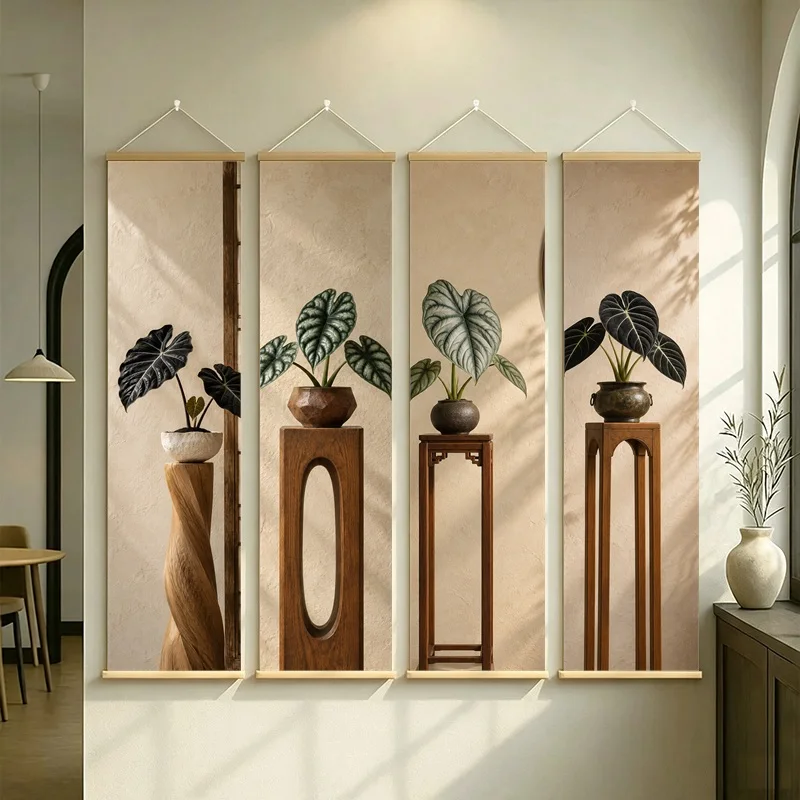 Wall Art Black Velvet Alocasia and Black Swan Alocasia, Wabi-Sabi Silver Shimmer Canvas Hanging Scroll for Zen Sanctuary