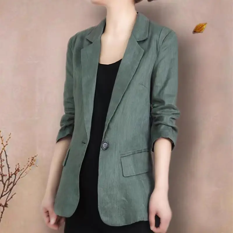 Women's Linen Blazer Casual Slim Fit Single Button Notched Lapel Lightweight Suit Jacket
