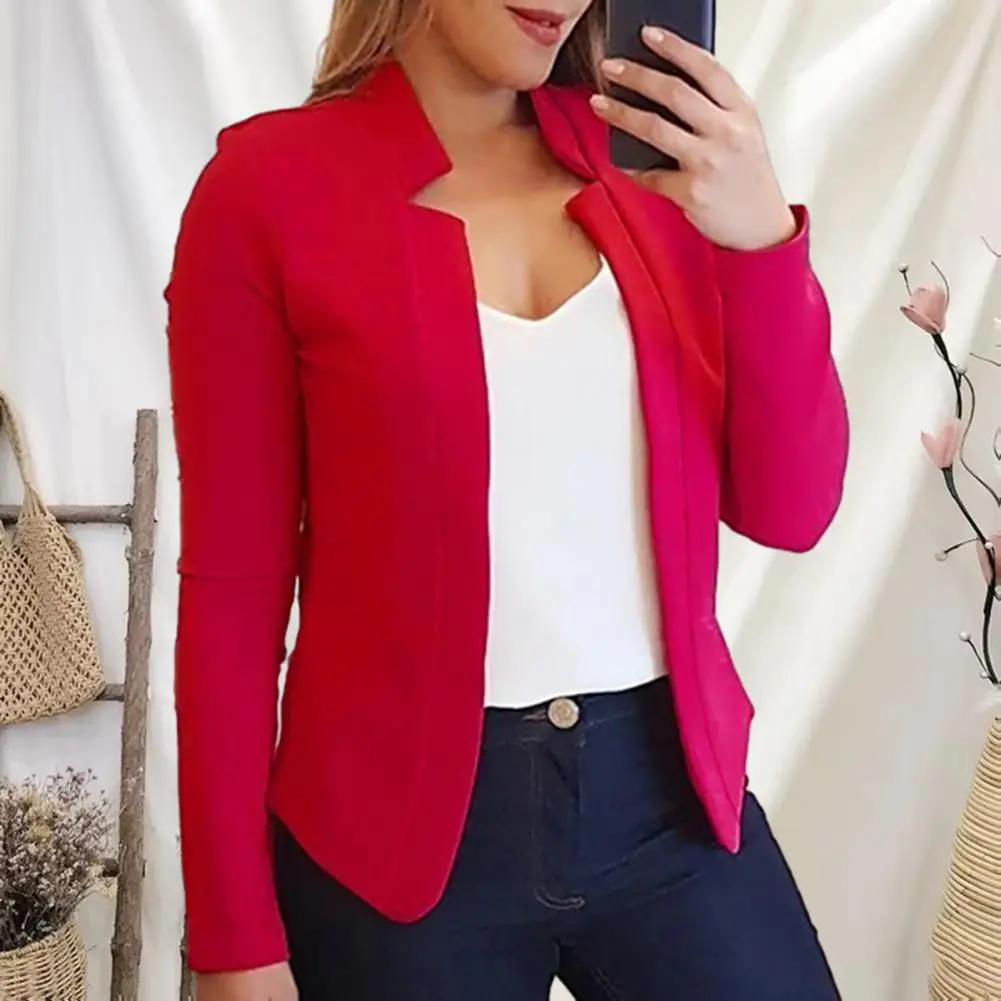 Cardigan Style Stylish Women's Slim Fit Chic Notched Collar Long Sleeve Solid Color Open Front Suit Coat for Spring Autumn